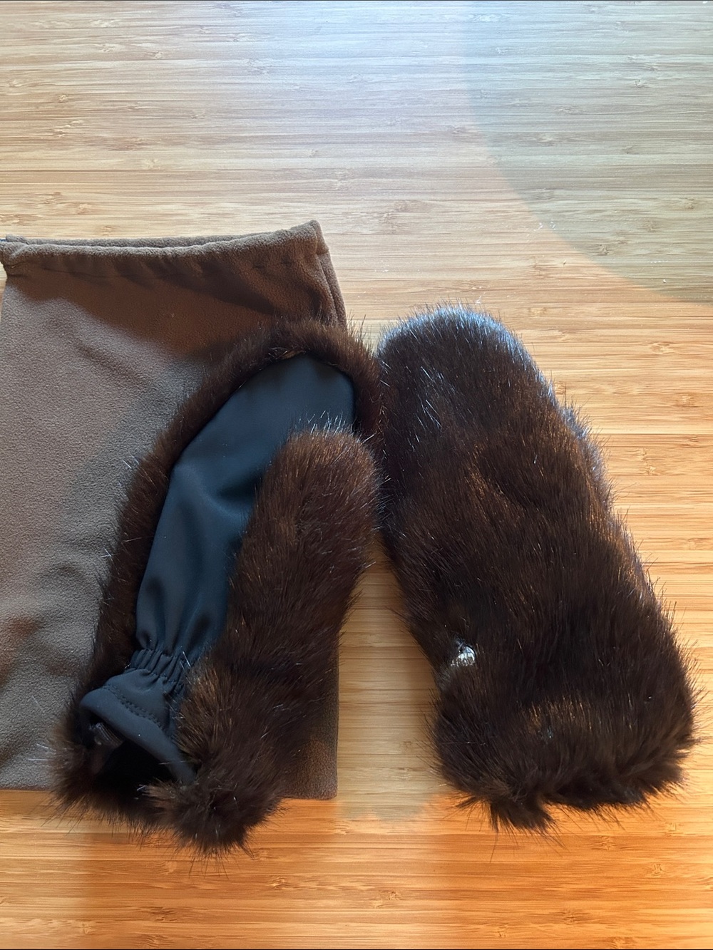 Dark Brown Faux Fur Mittens with Drawstring Pouch